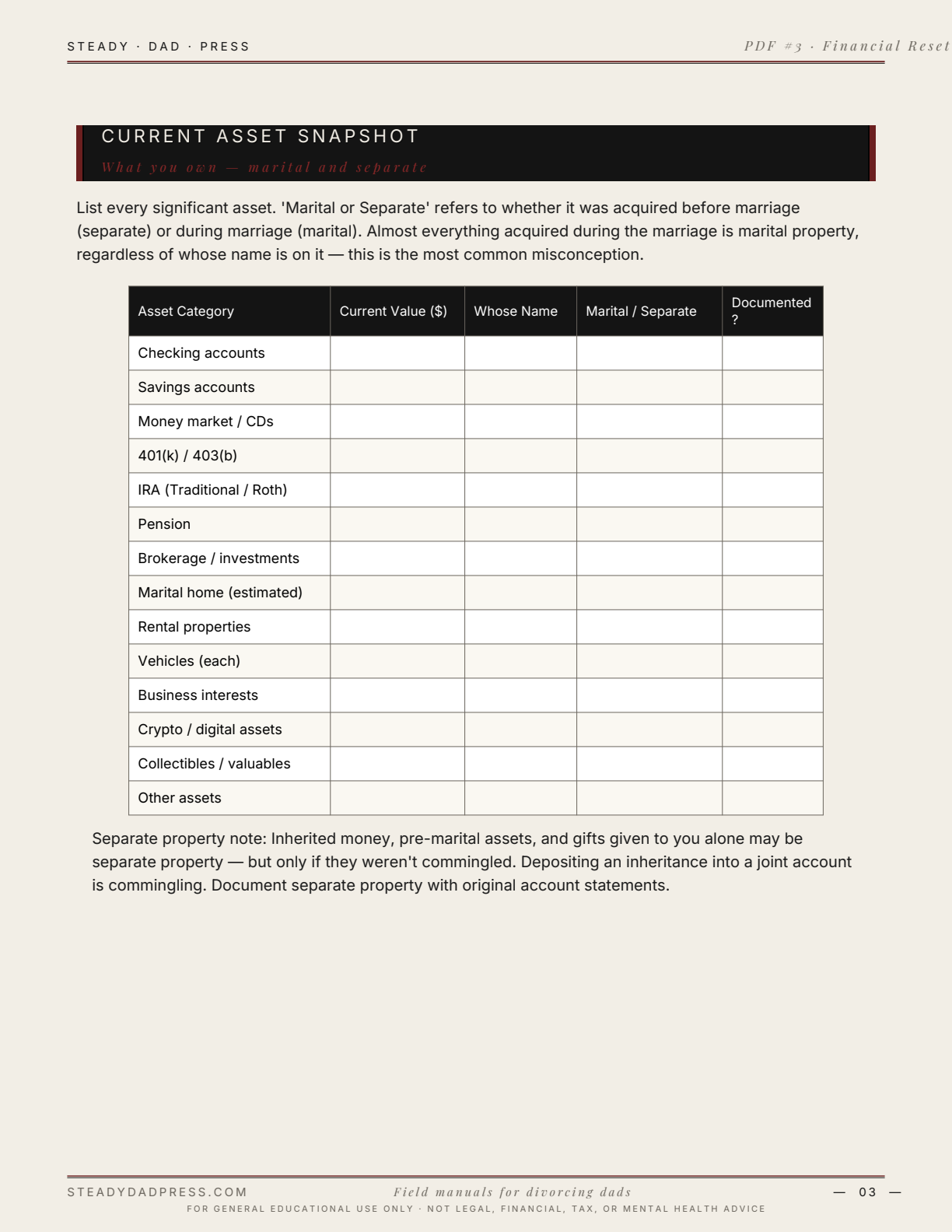 Divorce Financial Reset Workbook — sample page
